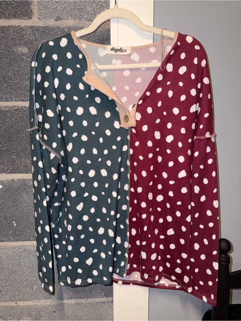 Women's Two-Tone Polka Dot Henley Top in Teal and Wine